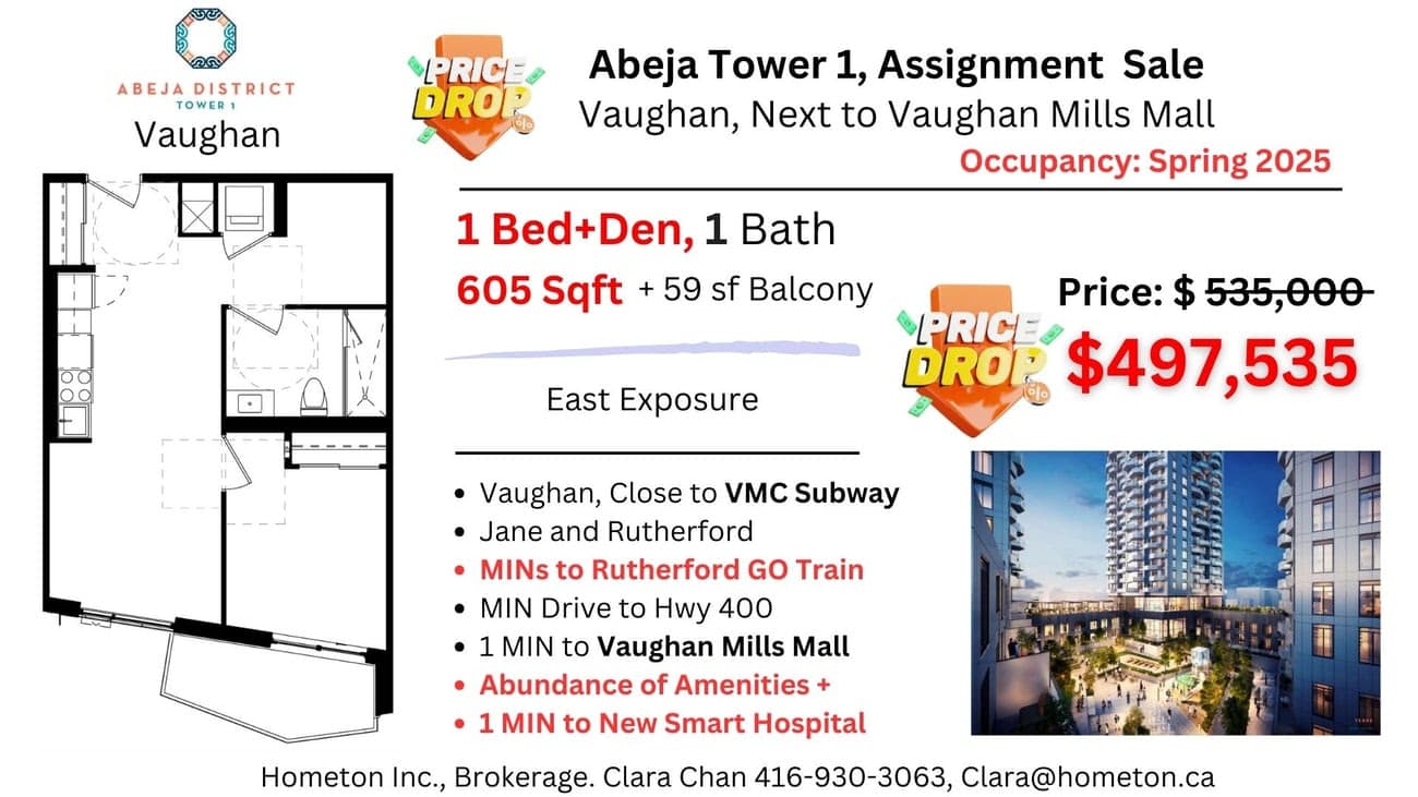 Abeja District Tower 1 Assignment - 1 Bed+Den, 1 Bath, 605sf+59sf balcony - Spring 2025 Occupancy 1