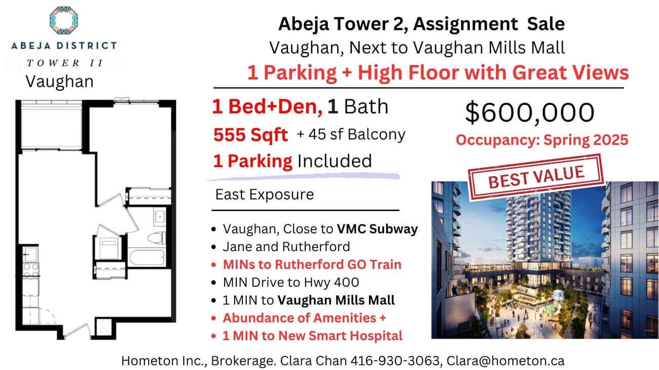 Abeja District Tower 2 Assignment - 1 Bed+Den, 1 Bath, 1 Parking - 555 sqft + 45 sqft balcony - Spring 2025 Occupancy 1
